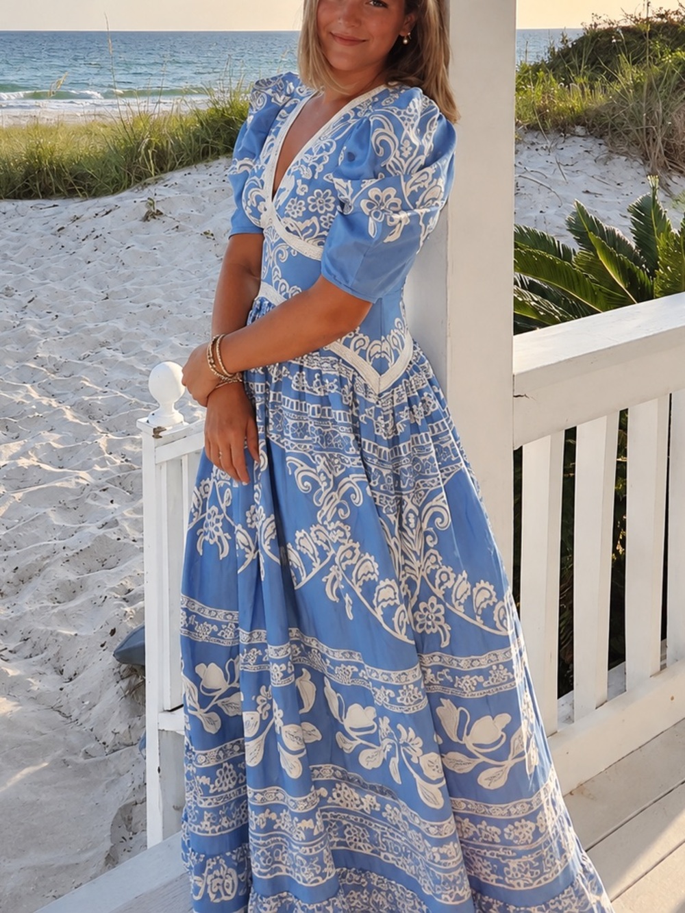 Farm Rio Printed V-Neck Puff-Sleeve Maxi Dress
